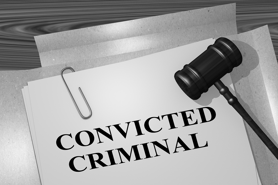 3D illustration of "CONVICTED CRIMINAL" title on legal document